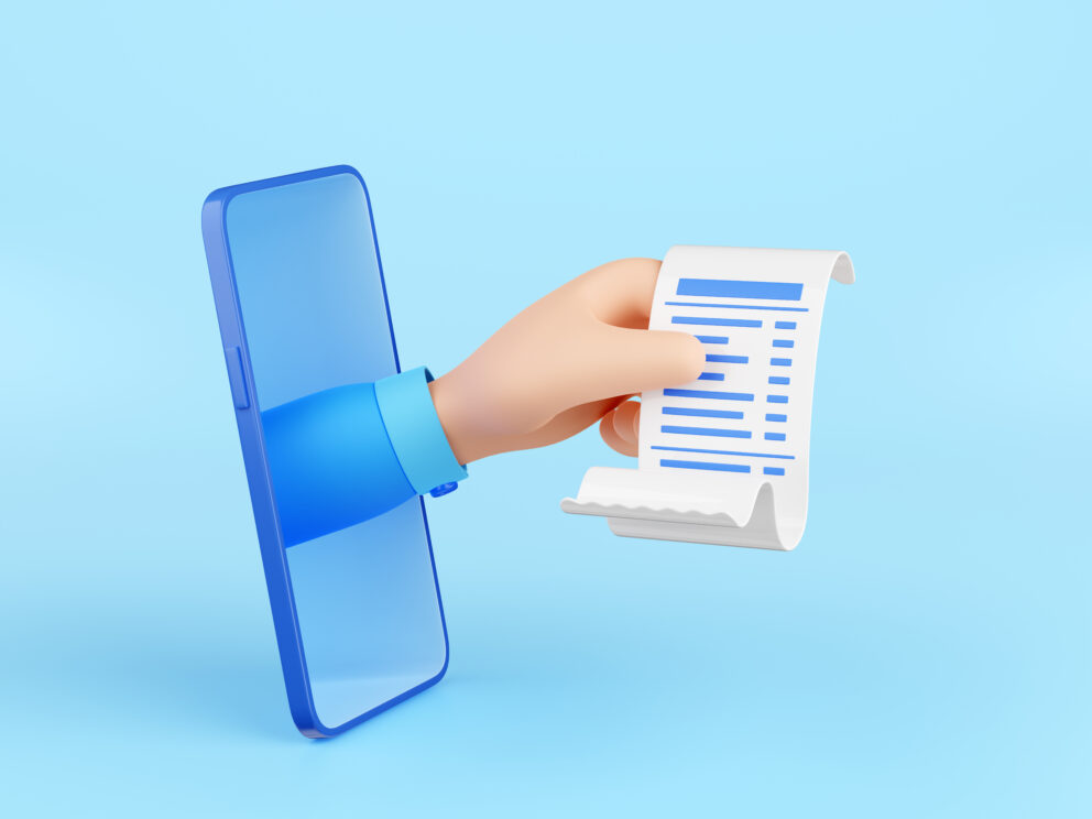 3d render hand holding transaction receipt bill